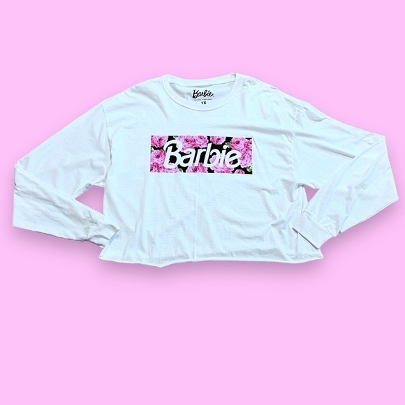 Barbie Mattel Creations NWOT Women Long Sleeve Cropped Top Sz 1X White Pink Logo - Picture 1 of 6